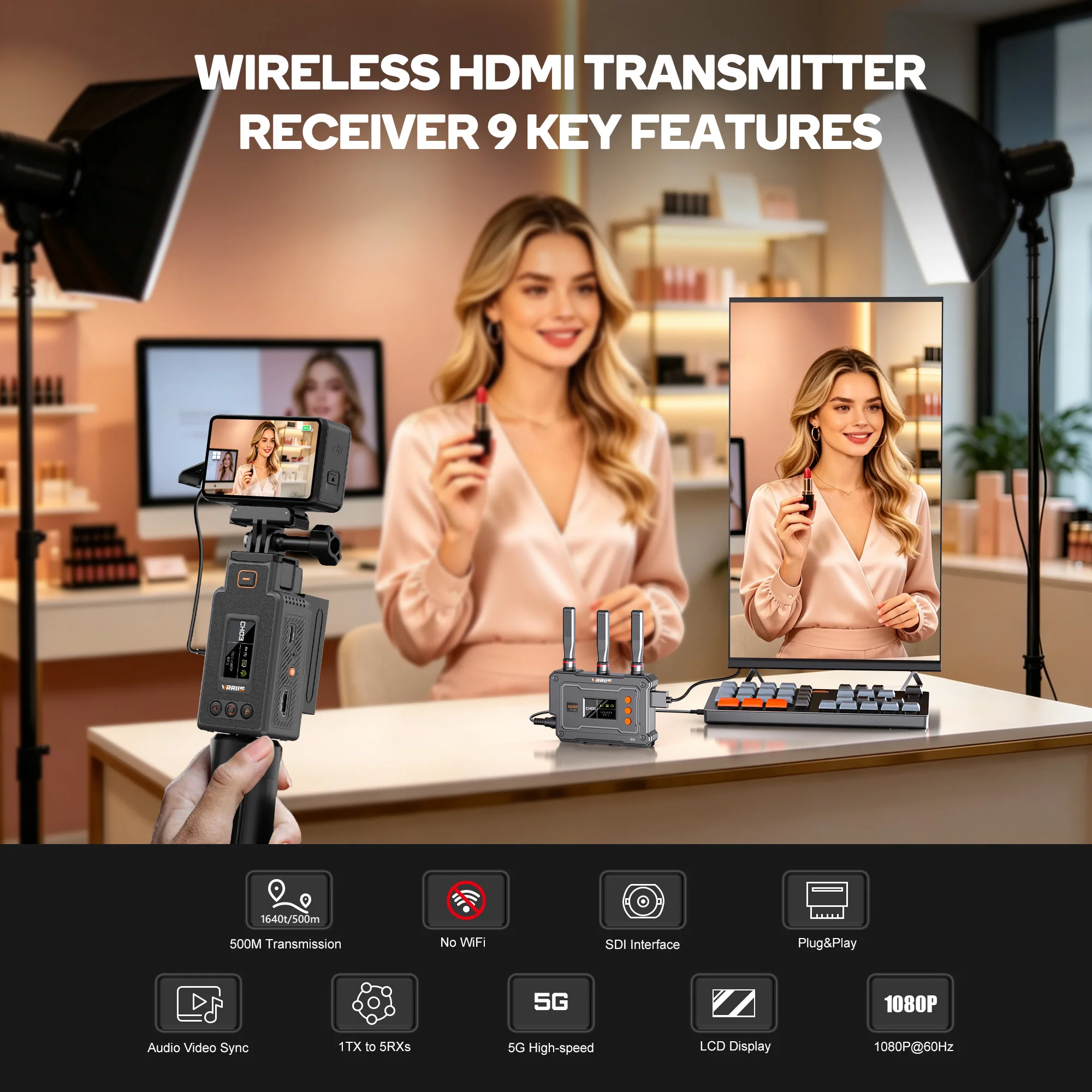 VRRIIS 500M Wireless Transmitter Receiver SDI Port HDMI Video Extender for DJI Pocket 3/Action Camera Set-top Box to TV Monitor