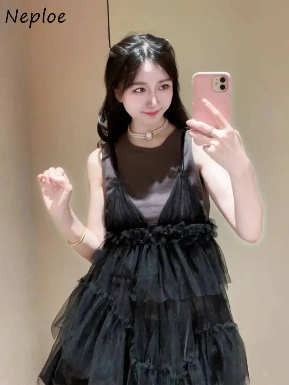 

BabYoung New Voile Cascading Fungus Sets Straps O Neck Solid Sleeveless T-Shirt Japan Sweet Slim Fit All-Match Suit Sling Shirt