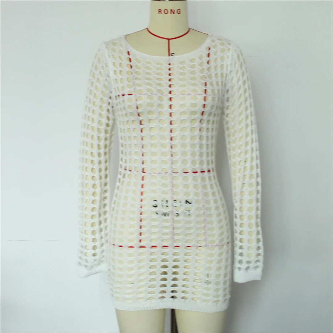 Langarm-Tunika mit Aushöhlungen, einfarbig, gehäkelt, gestrickt, Strandkleid, Strandmode, Damen V8510 – Detail 14