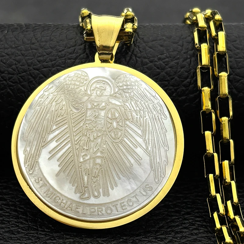 

St Michael Protect Us Pendant Necklace For Women Men Stainless Steel Natural Shell Christianity Saint Male Chain Jewelry Gifts