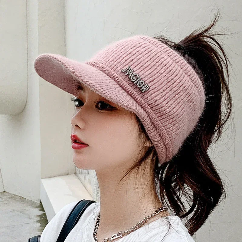 Autumn Winter Hats for Women Knitted Ponytail Beanies Letter Sports Elastic Knitted Empty Top Baseball Cap Warm Skullies Hat