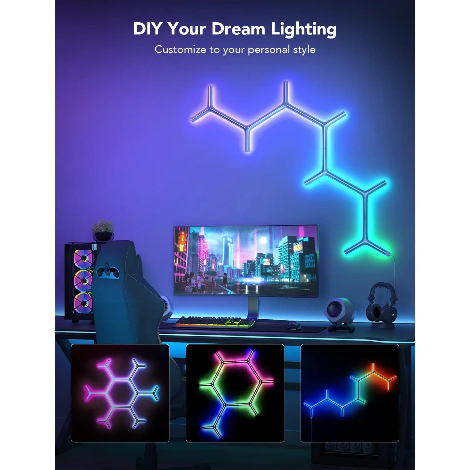 

US Glide Y Lights, RGBIC LED Gaming Lights for Wall, Smart Wi-Fi Game Lights with Music Sync, DIY and Timer Feature, Gaming