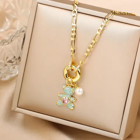 Gargantilla con colgante de oso bonito y Animal de circonia de cristal brillante de alta calidad para mujer y niña, cadena de hueso con cerradura para vacaciones, regalo de joyería