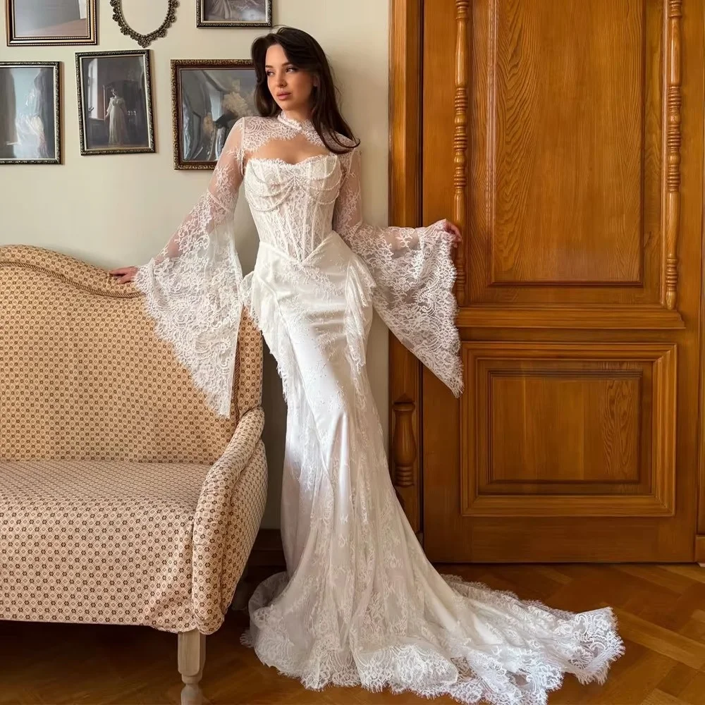 Retro Lace Mermaid Wedding Gown High Neck Flare Long Sleeve Bridal Dress Corset Bodice White Wedding Dresses For Bride