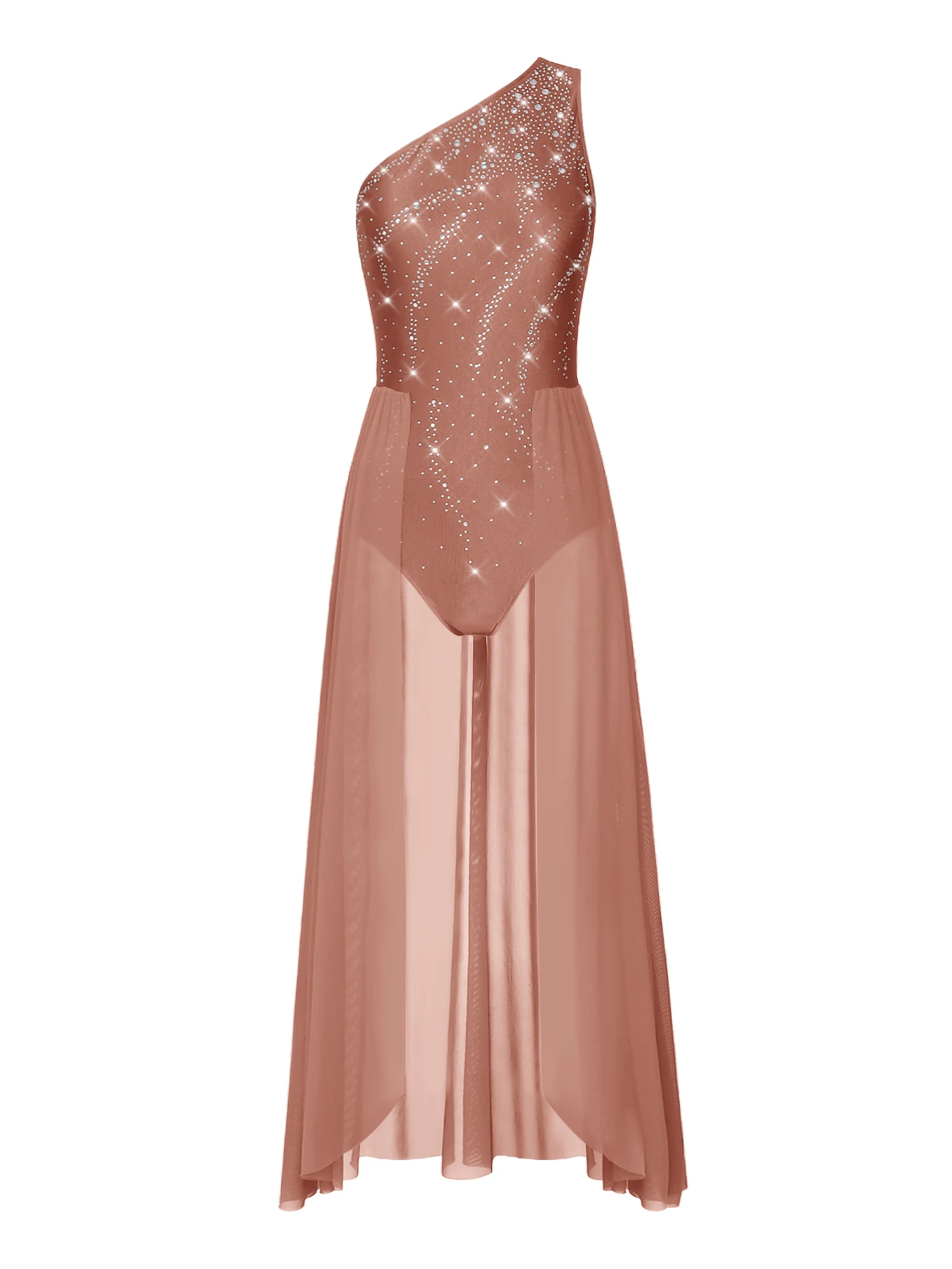 

Ballroom Modern Contemporary Dance Competition Dress Rhinestone Sleeveless One Shoulder Leotard with Split Mesh Skirt One-piece