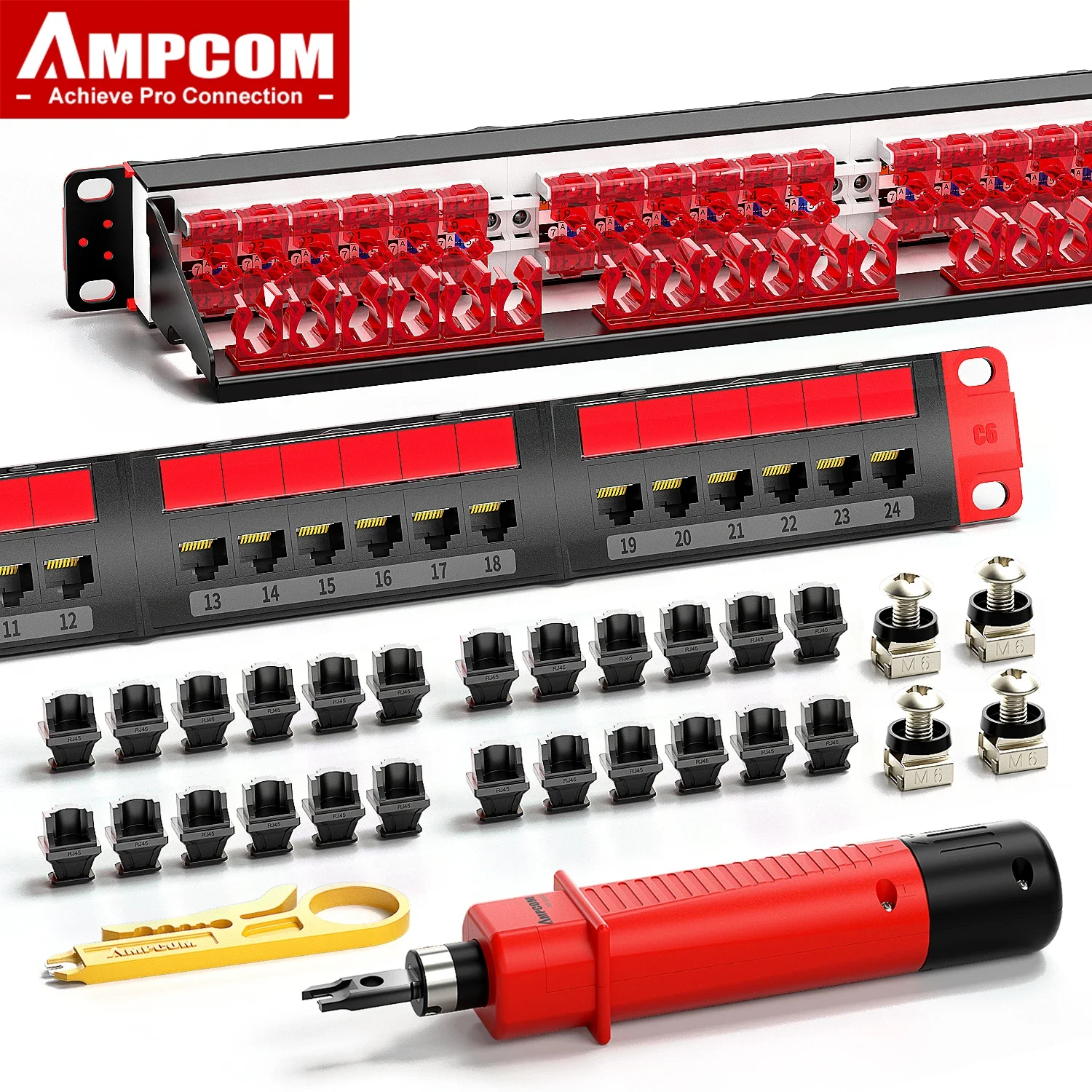 Ampcom商用シリーズパッチパネル、19インチ、24ポート、4つの取り付けネジ付きcat6、1つのミニストリッパー、防塵インサート