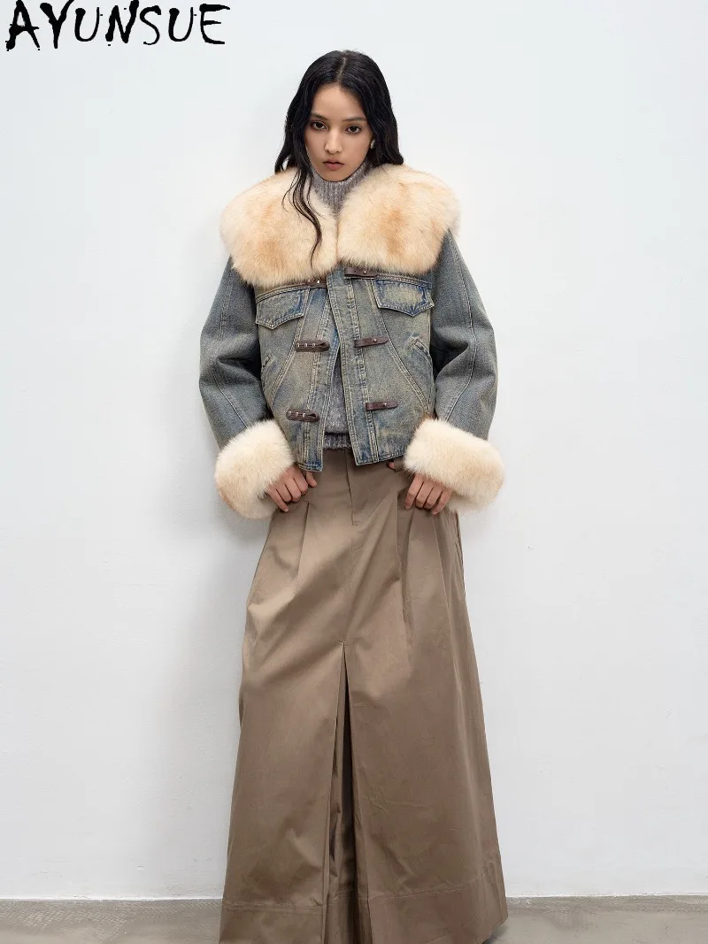 AYUNSUE 90% White Goose Down Coat Genuine Fox Fur Collar Womens Warm Winter Clothing Denim Outer Shell Fashion Short Jacket