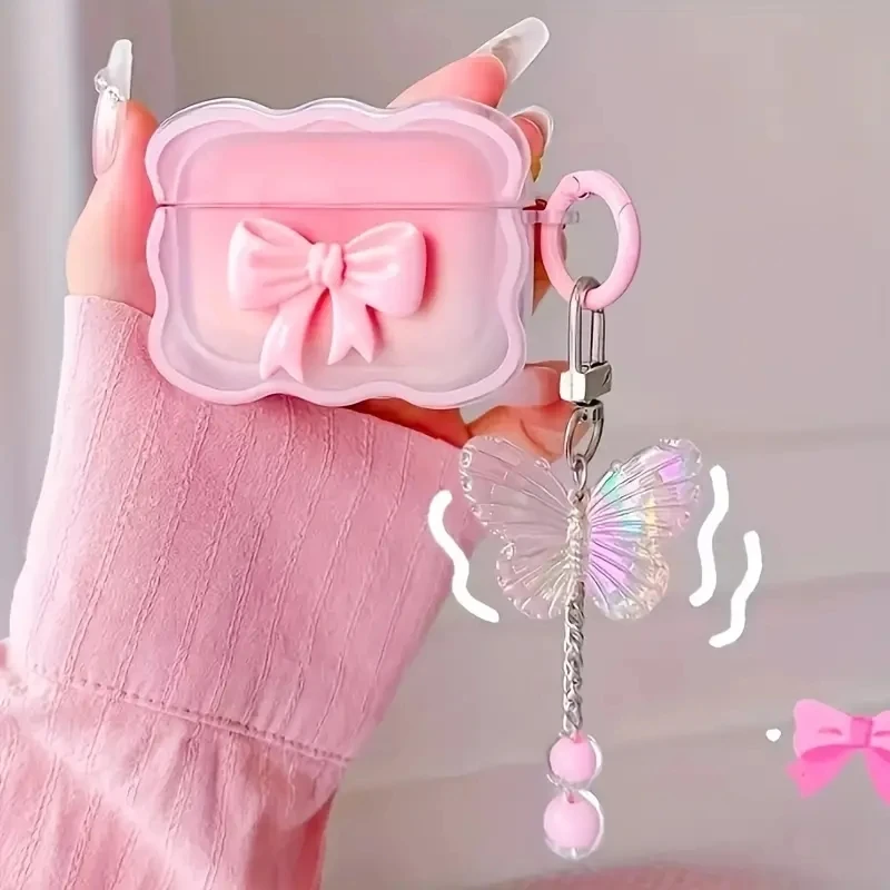 INS wave Bow Transparent Case Stars Wave Gradient Pink  Bow Headphone Cover Airpods 4 pro2 Protective Bag Earphone Case
