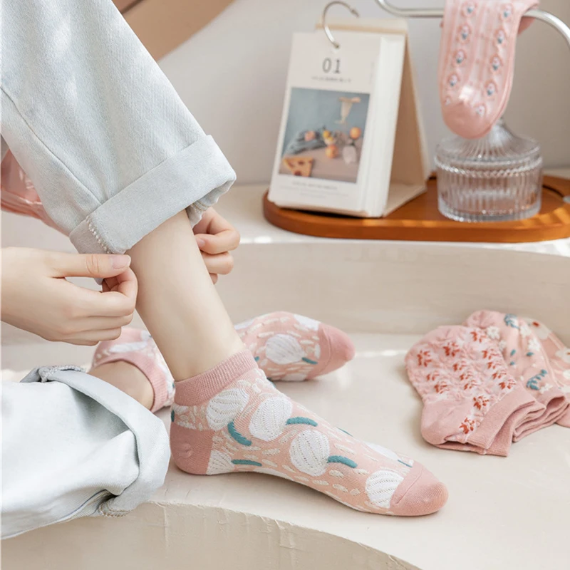 Vintage Style Thin Low Cut Pink Boat Socks Cute Flower 3D Textured Ankle Socks Fresh Fashion Breathable Comforts Sockings