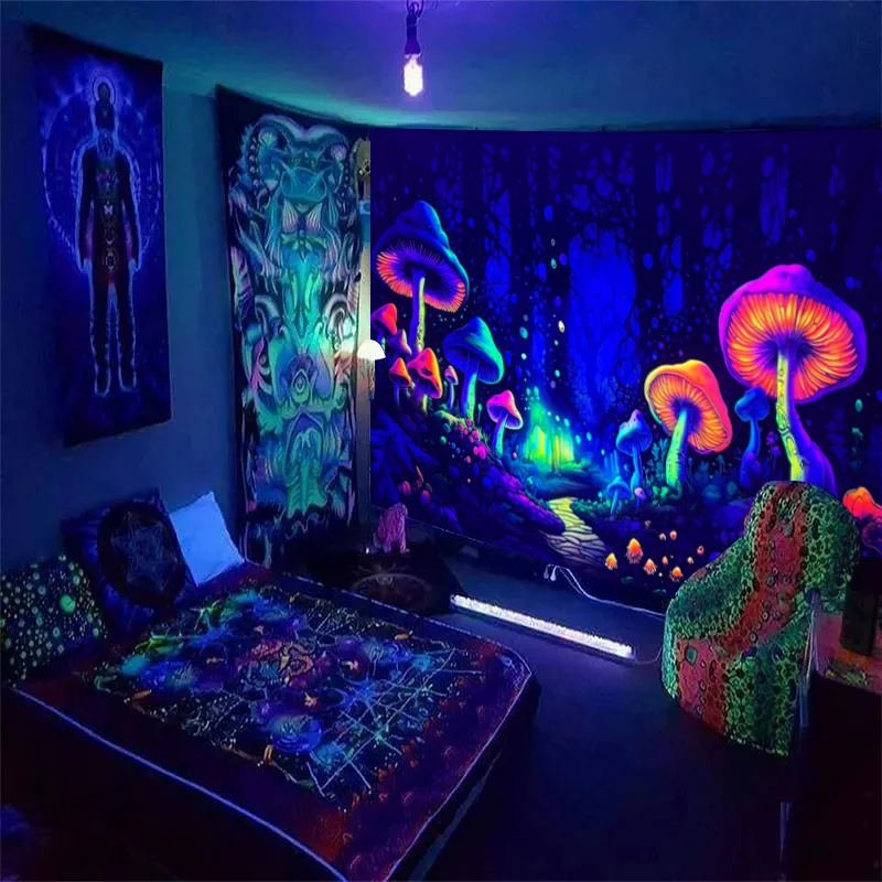 1pc Fluorescent mushroom forest planet black light tapestry, UV neon light tapestry, room wall decoration tapestry