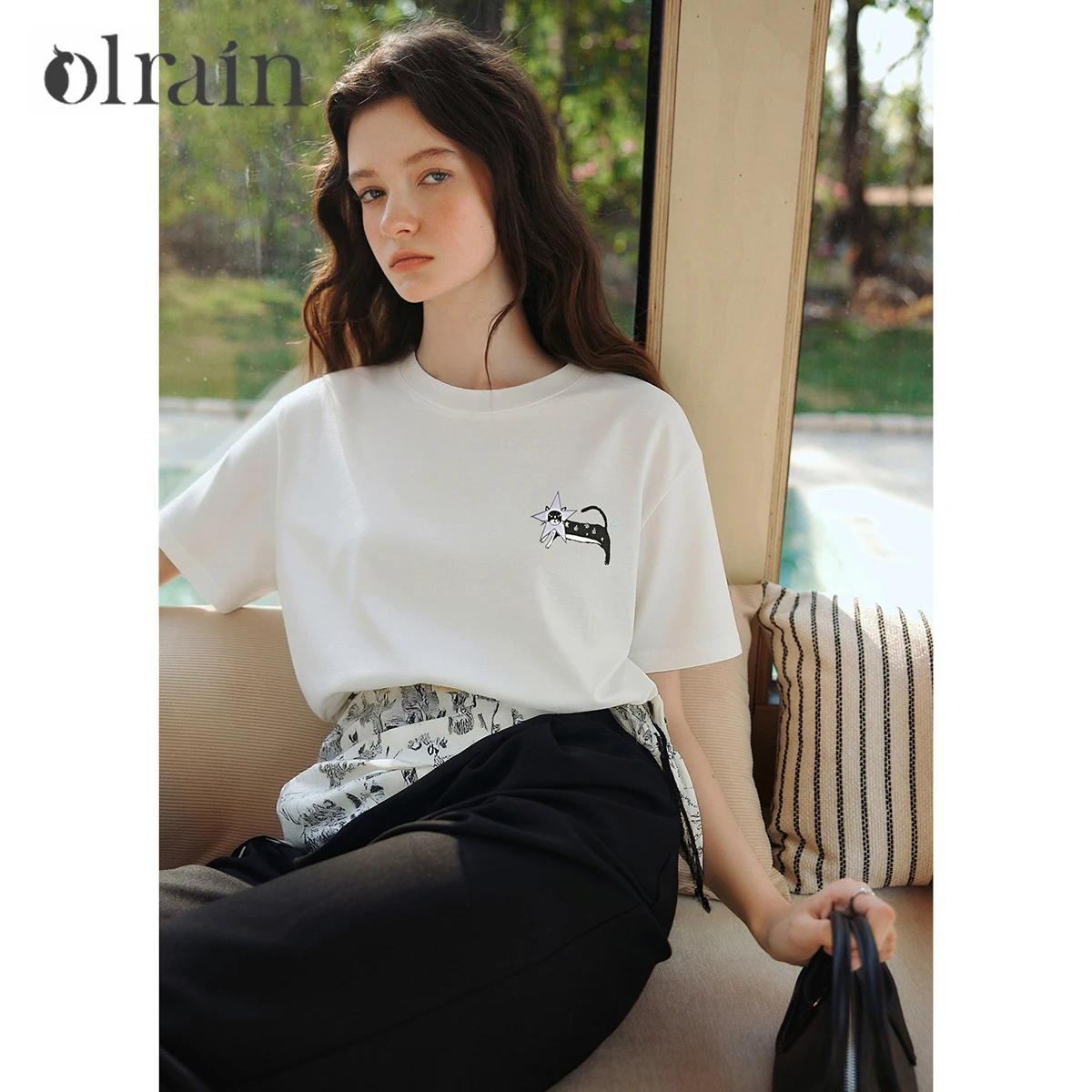 OLrain White Pure Cotton Women's T-shirt 2026 Summer Casual Round Neck Cartoon Cat Print Loose Short Sleeve Top O58XT006086