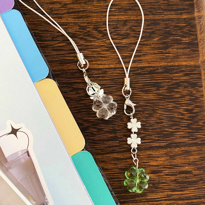 Handmade Beaded Phone Chain Four Leaf Clovers Cellphone Charm Colorful Keyring CCD Decorative Pendant Cellphone Charm Accessory
