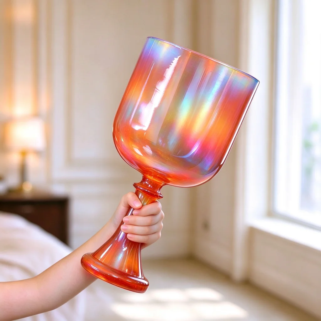 Orange Rainbow Aura Quartz Singing Chalice Grail Bowl Sound Bath Instrument High Purity with Free Hollow Felt Mallet
