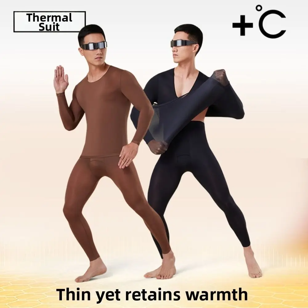 Tops and Pants Men Thermal Clothes Ultra-thin Invisible Feel Heating Thermal Underwear Lingerie Low Neck Warmth Long Pants