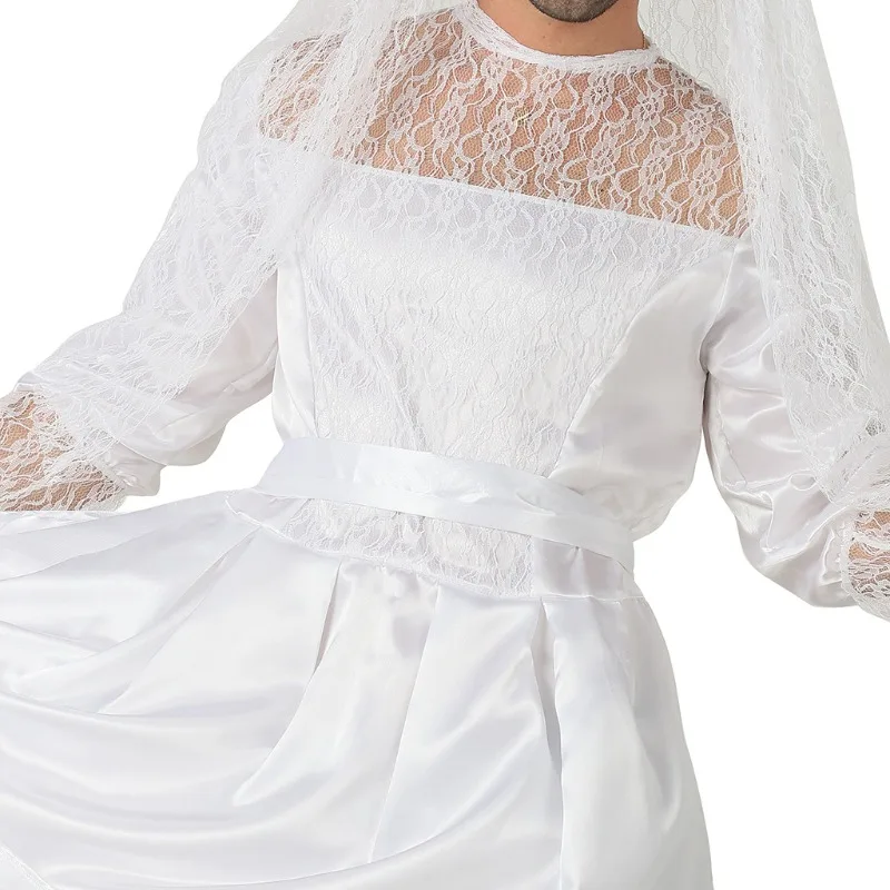 Groom Bride Funny Cosplay Costume Men Wedding Dress with Lace VeilI for Cross-Dressing Halloween Carnival Parties Stage Shows
