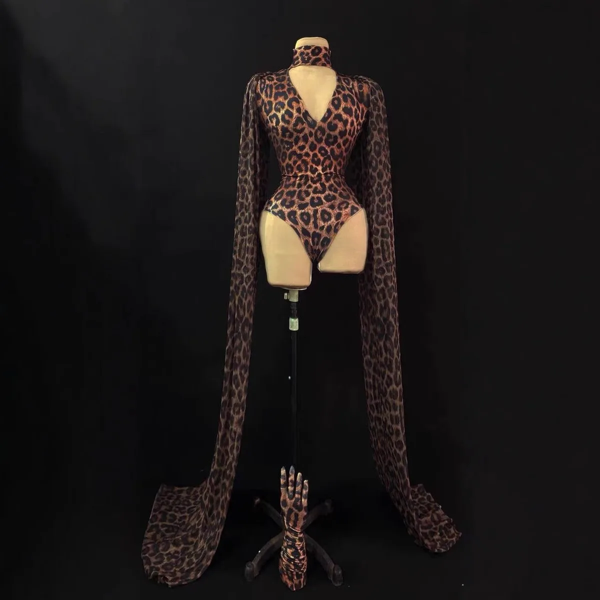 Nightclub Bar Abbigliamento da palcoscenico Fotografo femminile Ospite Mantello con stampa leopardata Abito intero Abbigliamento da performance di canzoni femminili sexy