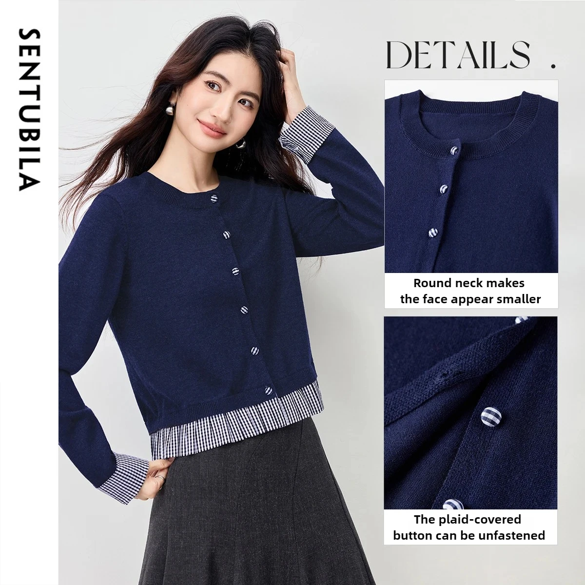 SENTUBILA 여성용 모크 투피스 가디건 2025 가을 O넥 배색 체크 스웨터 출퇴근 캐주얼 니트 탑 W54EB4066