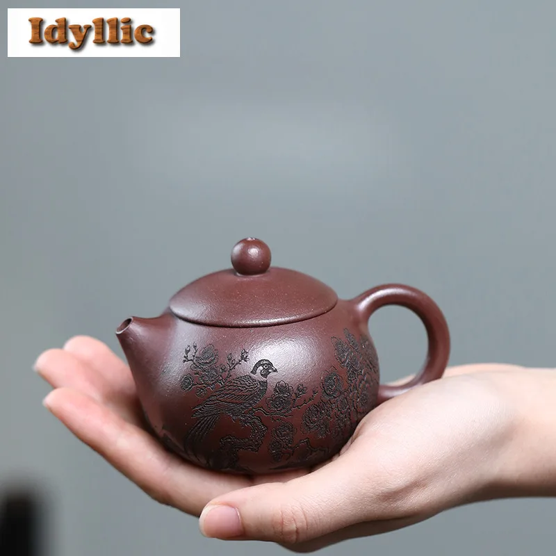 

110ml Aesthetic Yixing Purple Clay Teapots Handmade Clay Drawing Xishi Pot Raw Ore Purple Mud Kettle With Filter Zisha Tea Set