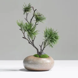 Chinese style simulation pine small bonsai decoration, ceramic vase set, plant living room decoration, flowers, pine trees