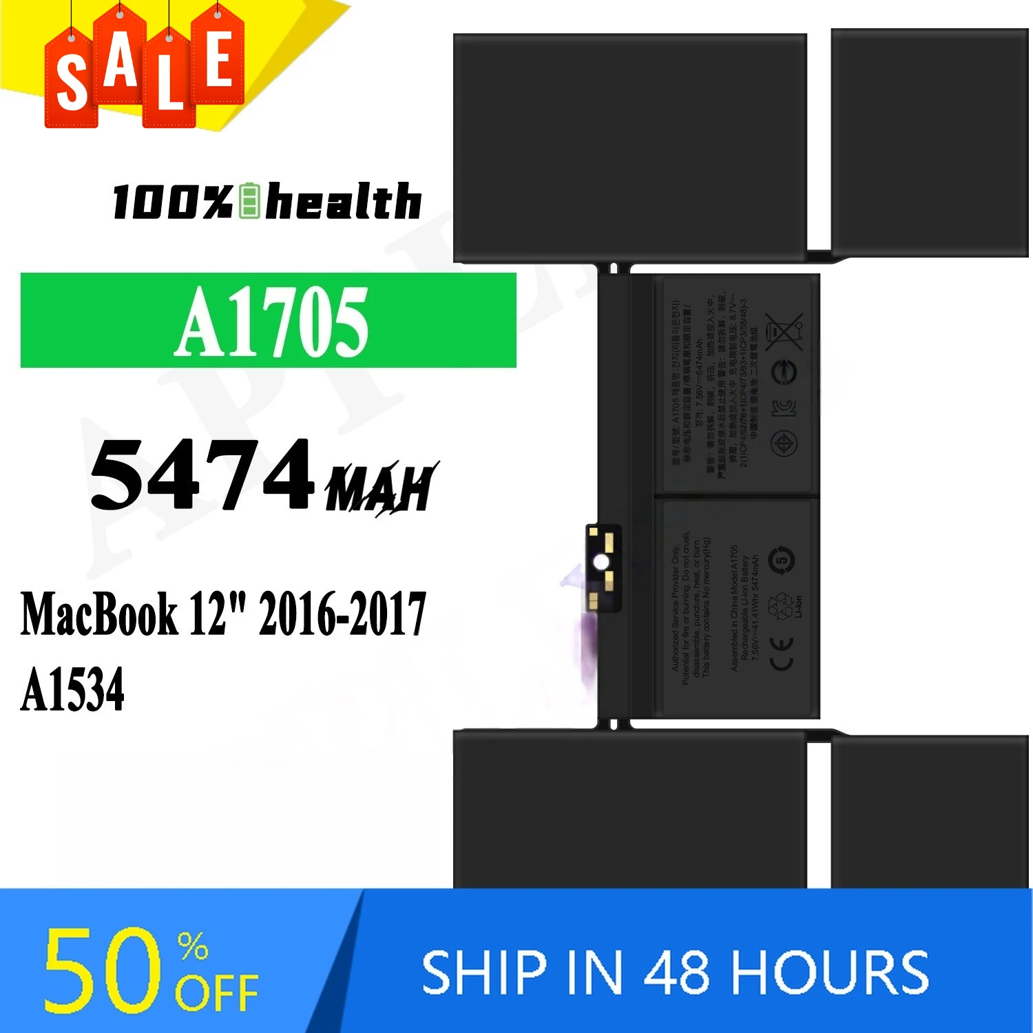 5474mAh A1705 Laptop Battery  for Apple MacBook 12'' 2016-2017 A1534 A1705 Large-capacity Lithium Rechargeable Battery