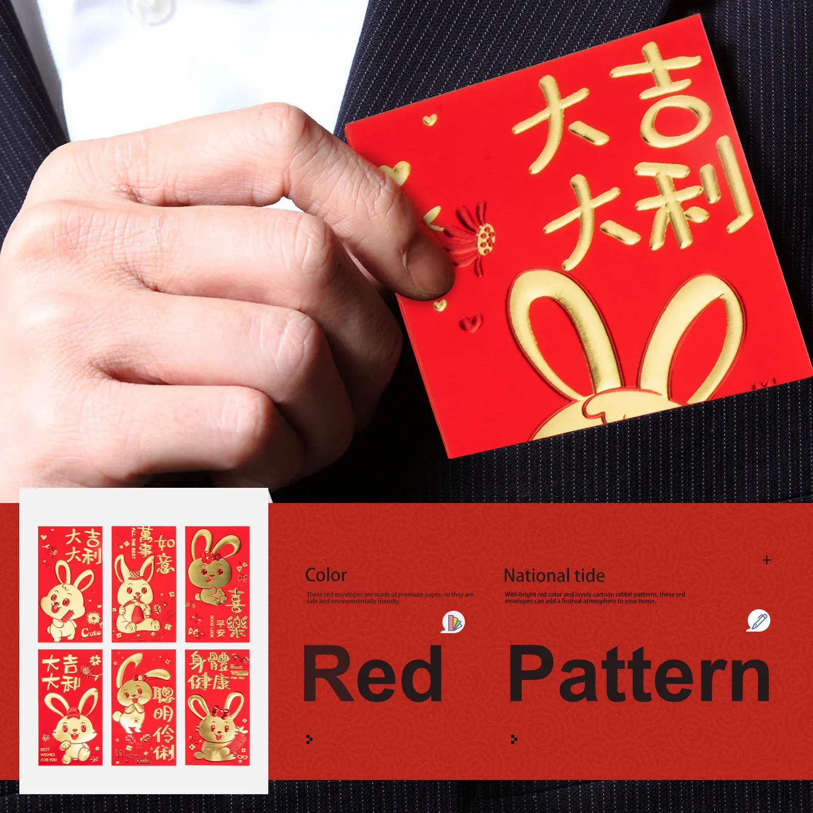 

30Pcs Premium Eco Friendly Red Envelopes for Chinese New Year 2023 Rabbit Year Big Size Money Bags with 6 Creative Cartoon