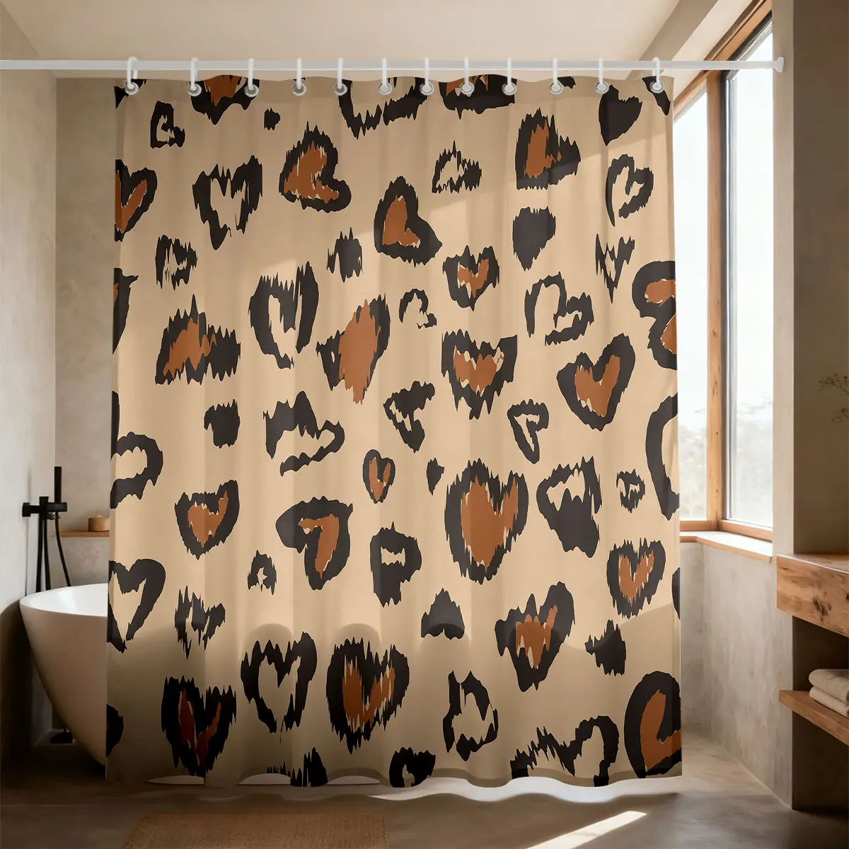 90g Waterproof Shower Curtain With Hooks,Classic Leopard Heart Print,Quick Dry Anti‑Mold Animal Print Home Bath Curtain