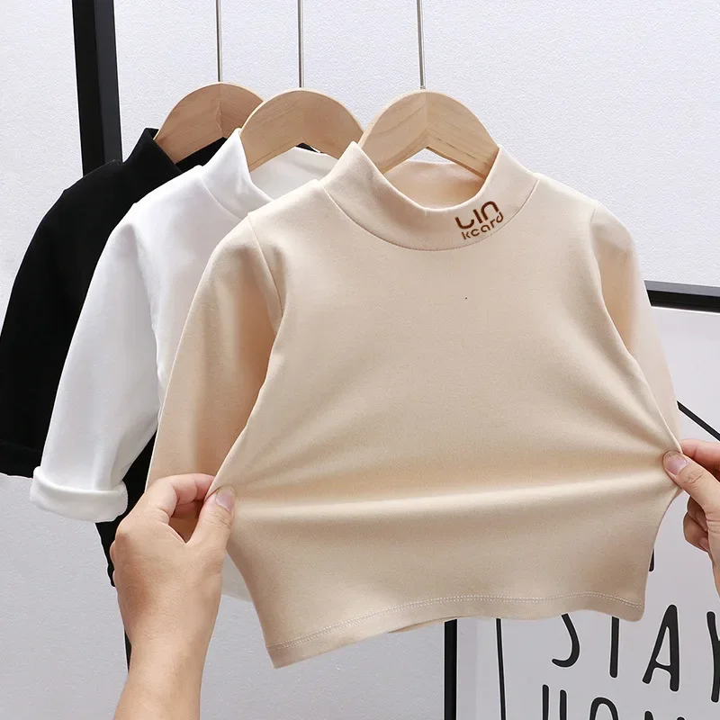 

New 2024 Autumn Kids T-Shirts Boys Girls Fashion Turtleneck Long Sleeve Solid T-shirt Tops Children's Casual T-shirts Clothing