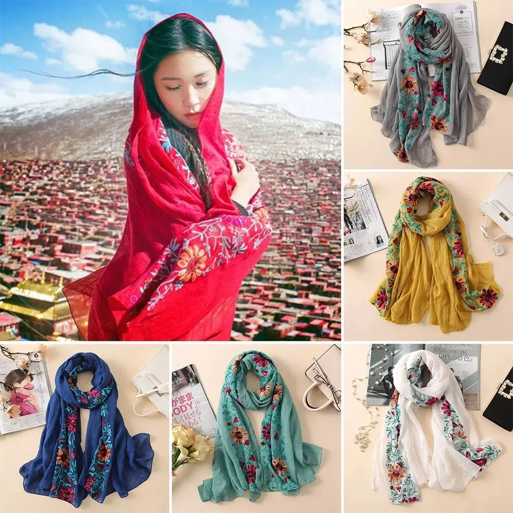 Plain Embroider Floral Viscose Shawl Scarf Indian Bandana Print Cotton Scarves Wraps Soft Foulard Muslim Hijab Cap