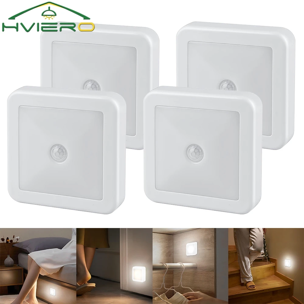 4PCS Smart Human LED Night Lights Motion Controlled Body Sensor Battery Operated Home Bedside Bedroom Hallway Pathway Wall Lamp