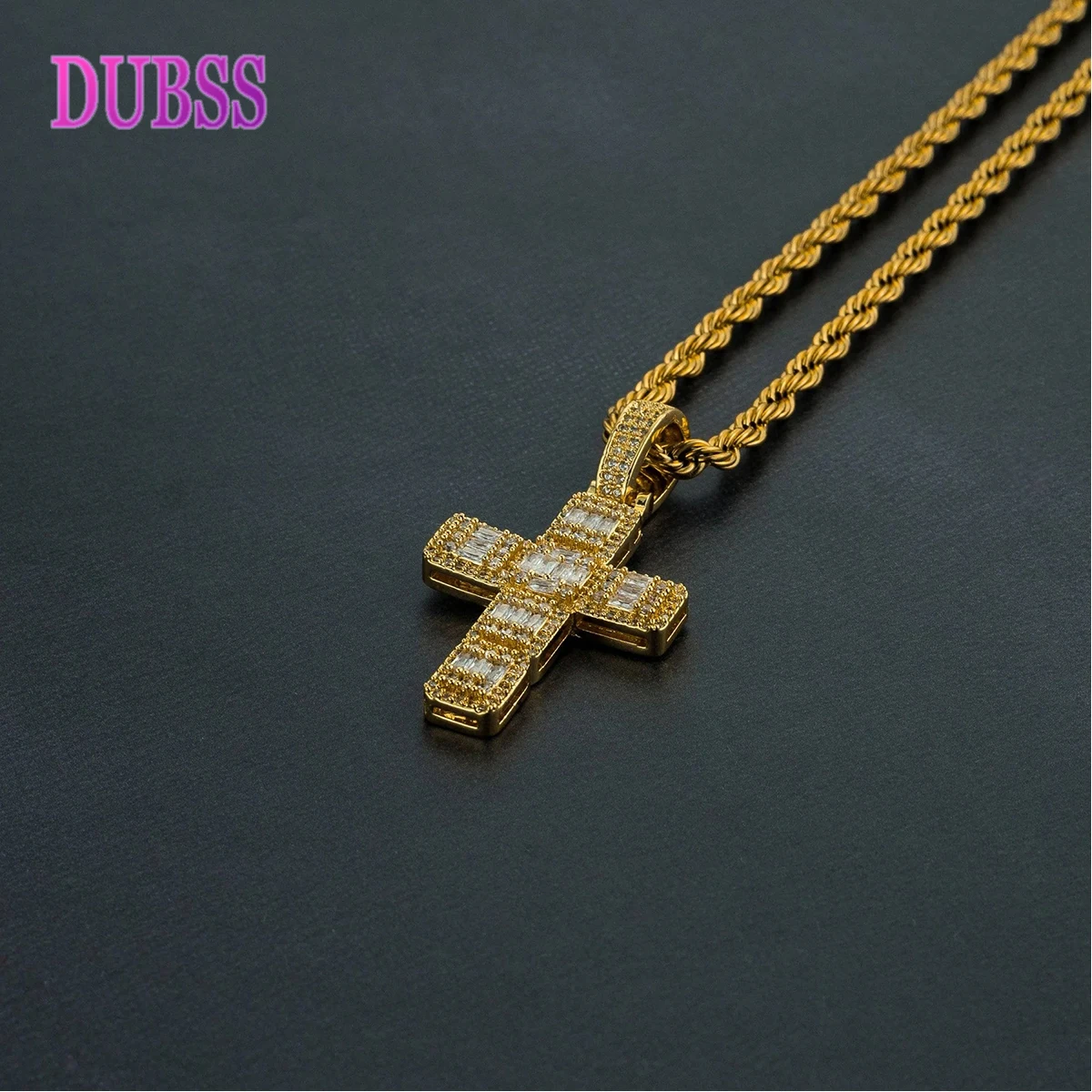 

Dubss Men Necklace Baguette Cross Pendant Real Gold Plated Iced Out Hip Hop Jewelry Rapper