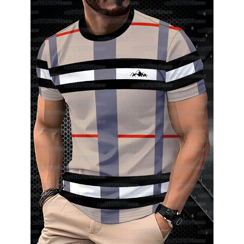 2026 Summer Checkered Stripe T-shirt - Beige and Gray Color Blocks, Casual Round Neck T-shirt, Suitable for Daily Family Wear