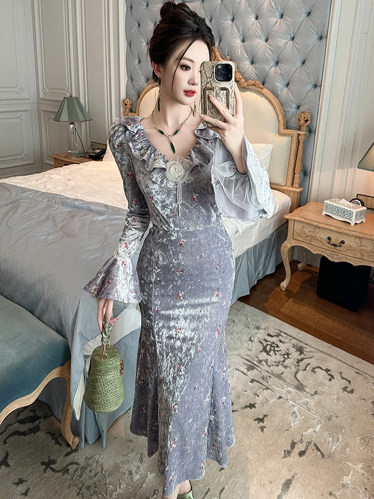 French Elegant Dresses for Women Sweet Velvet Embroidered Sequins Ruffles Fishtail Robe Femme Party Vestidos Fiesta Mujer Spring