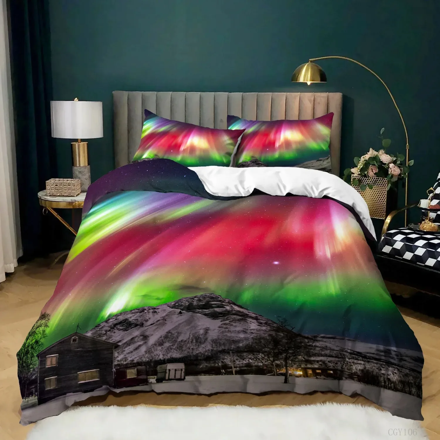 Aurora Borealis polyester Duvet Cover Set Tree Under Magnetic Field of Nature with Northern Lights Landscape Picture King Size