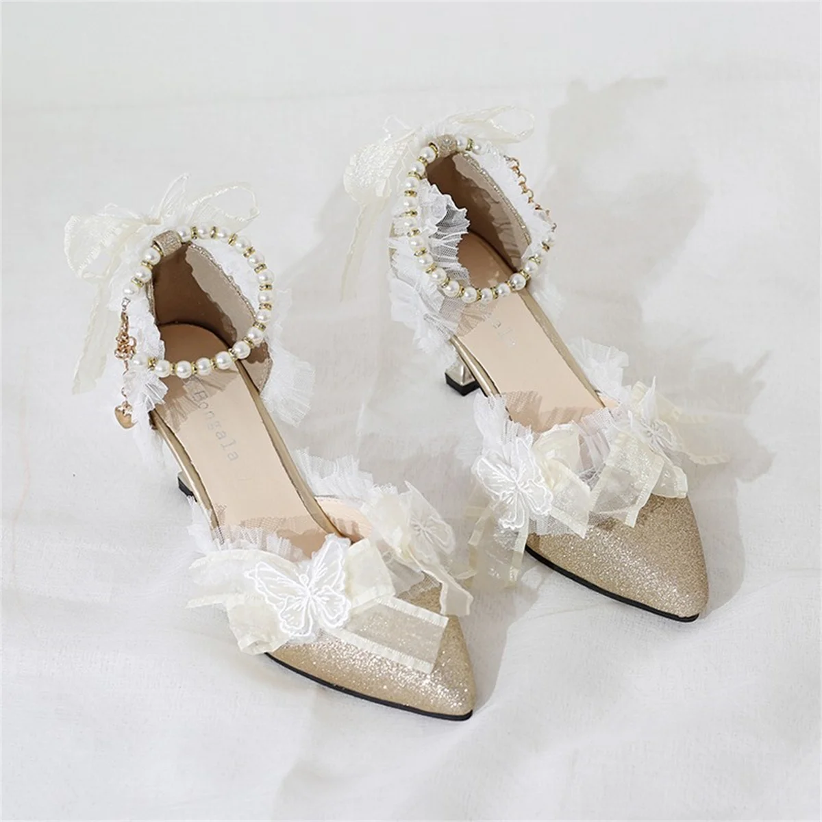 Elegant Flower Wedding Lolita Cosplay Retro Style Sweet Girl Shoes Pointed Ribbon Butterfly Lace Pearl 7cm High Heels Shoes