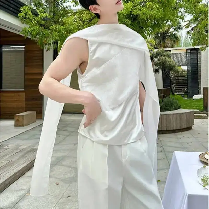 Men's High End Design Sleeveless Top Ribbons Design Fashion Loose Fitting Pullover Tops Summer New 9X0P0O