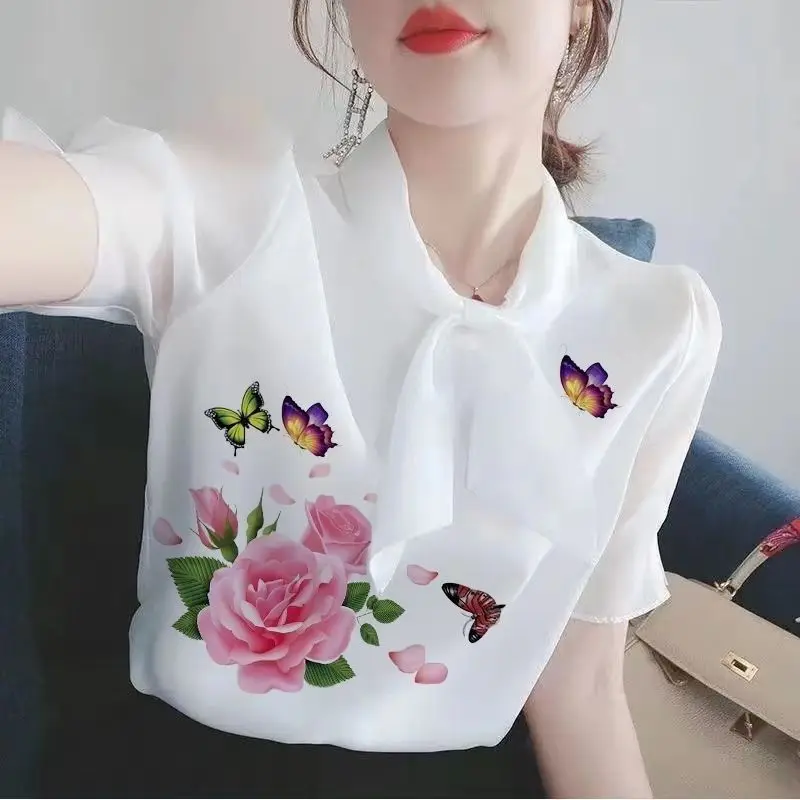 2024 New Summer Commuting Fashion Elegant Versatile Blouses Loose Blous epuff Sleepscarf Collar Printed Bow Women\'s Shirt Top