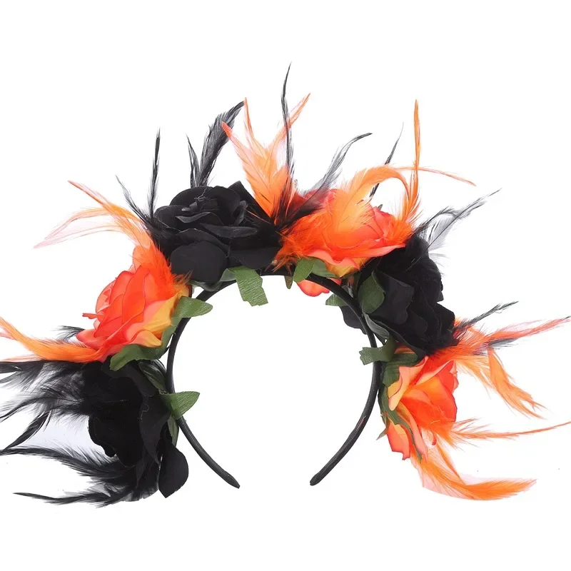 Day of the Dead Mexican feather Rose Flower Crown Headband Halloween Party Costume Headpiece