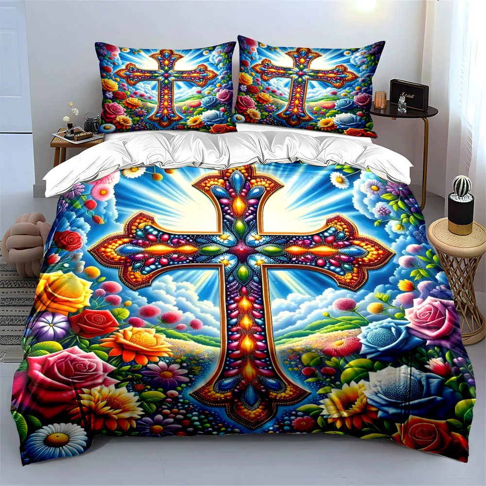 Radiant cross with colorful flowers Print Soft Comfortable Duvet Cover Bedding Set Included 1*Duvet Cover  2*Pillowcases