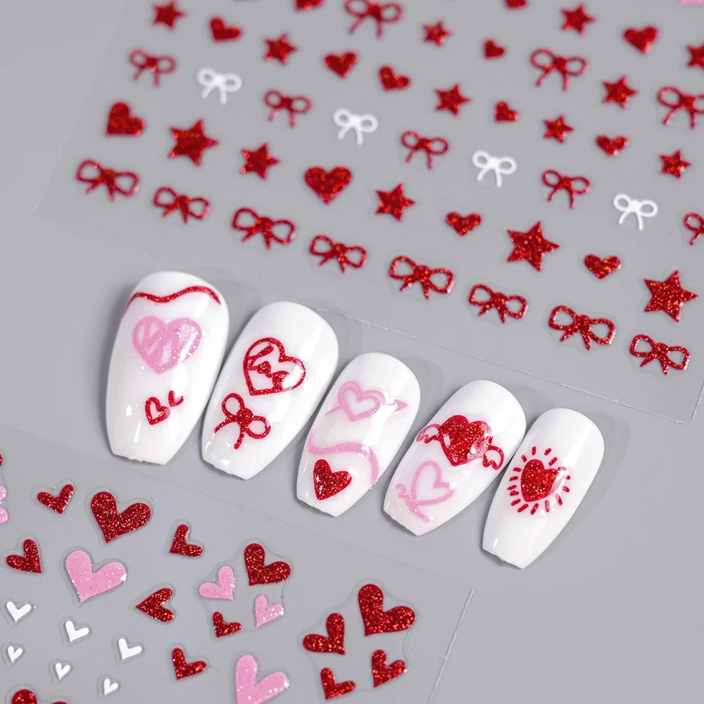 1Pc Red Pink White Heart Bow Nail Art Stickers with Glitter Sequins 5D Self Adhesive Nail Decorations Slider Decals DIY Manicure