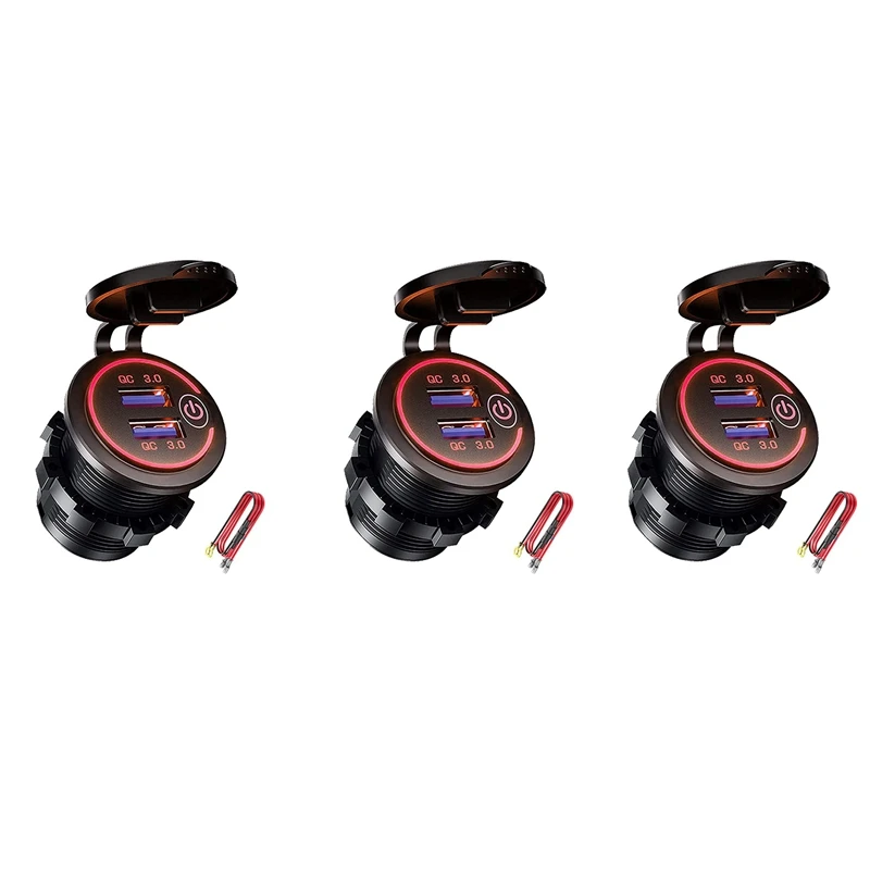 مقبس شاحن USB مزدوج New-3X QC 3.0، مخرج USB مقاوم للماء 12 فولت/24 فولت مع مفتاح لمس للسيارة والبحرية والقارب والمركبات الترفيهية والدراجات النارية، أحمر