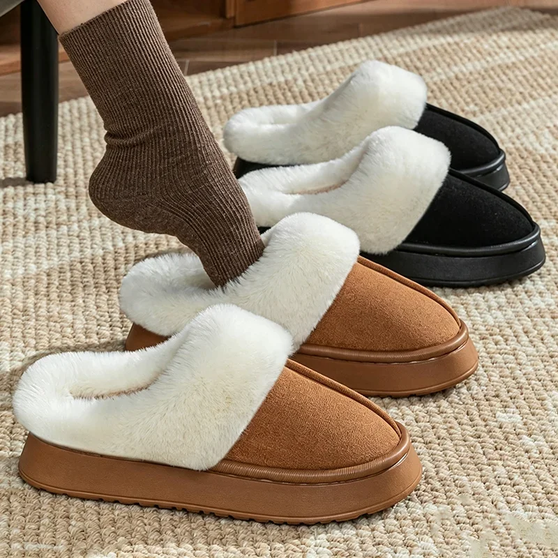 Chunky Platform Long Plush Warm Winter Slippers for Women 2026 Non Slip Flock Home Indoor Shoes Woman Slip On Cotton Mule Slides