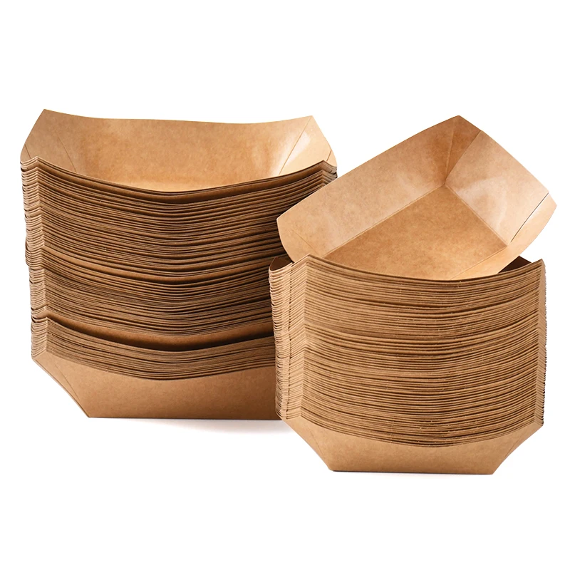 5pcs Kraft Paper Trays Disposable Paper Packing Box Kitchen Disposable Snack Bowls Pastry Bag Food Tray Oilproof Cardboard Bowls