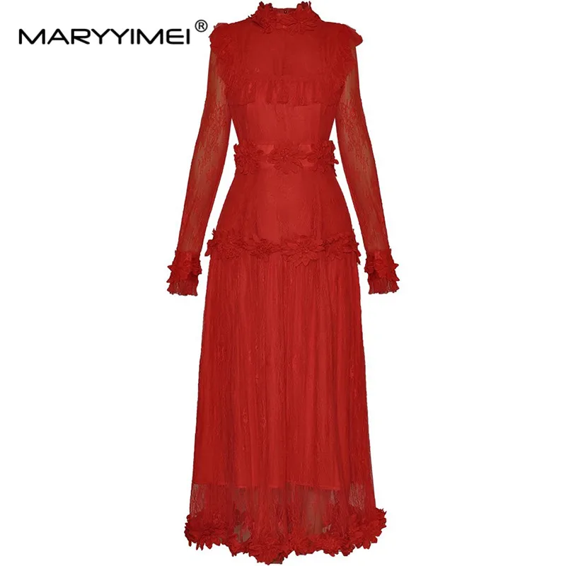 

MARYYIMEI Fashion Women's Ball Gown Dress Autumn Stand Collar Lace Long-Sleeved Appliques Design Vintage Solid Color Dresses