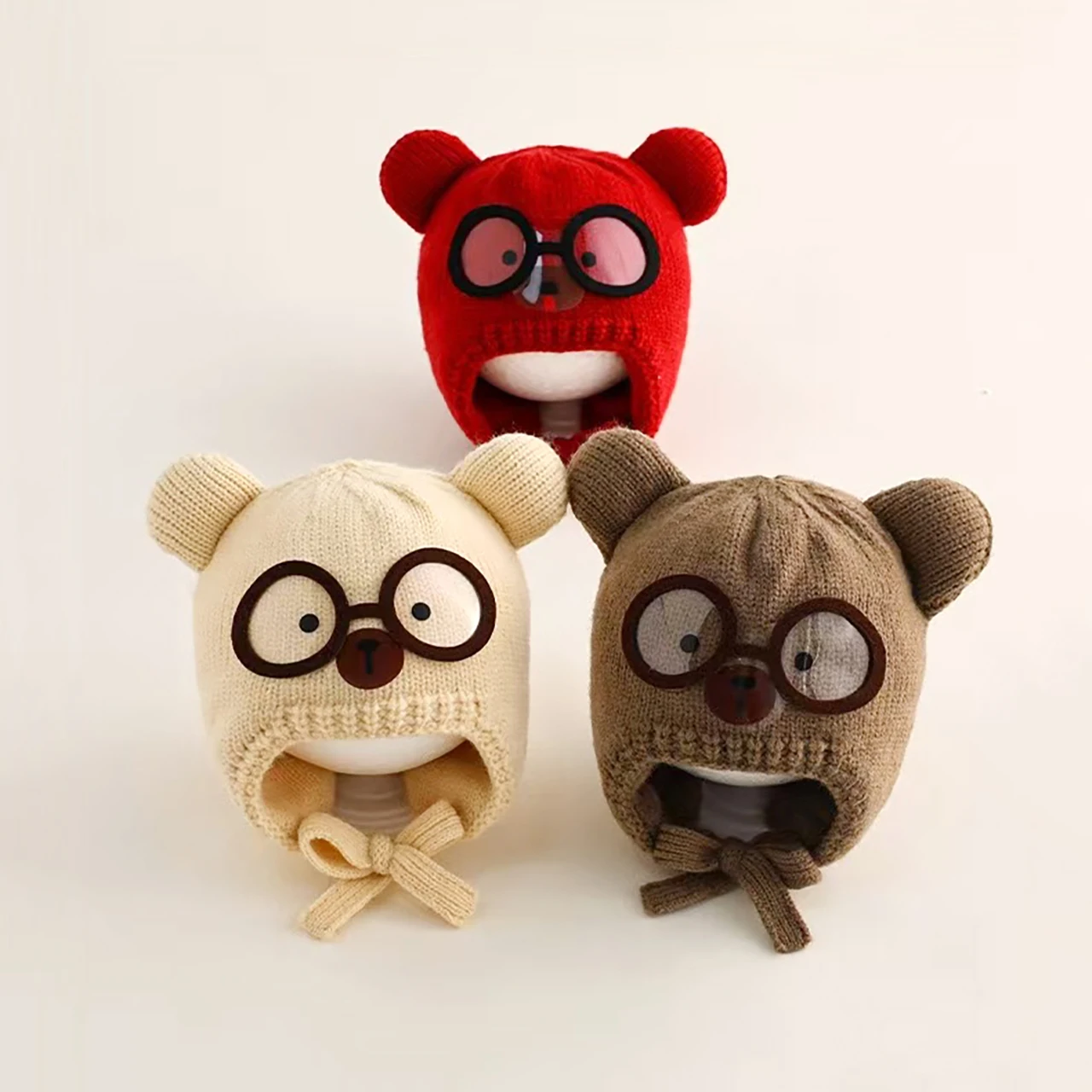 Winter Warm Baby Beanies Hat Cartoon Cute Woolen Knitted Ear Protection Lacing Cap Boy Girl Children Windproof Bonnet Hat view 2