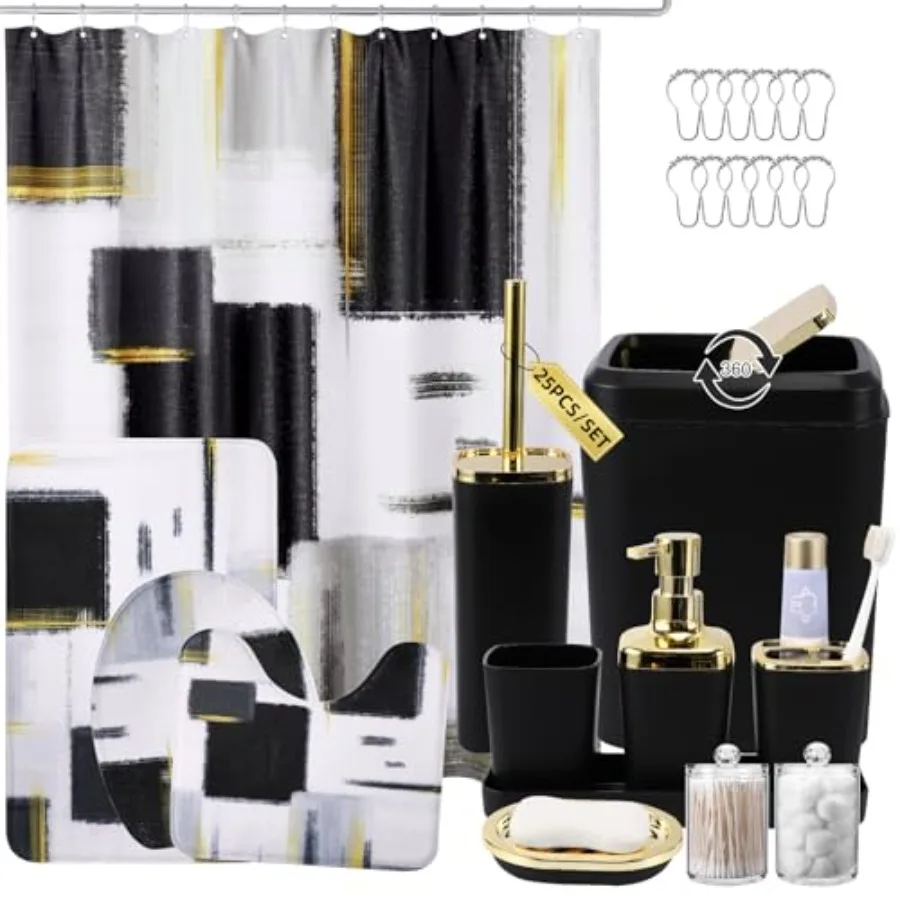 

Bathroom Set - Black Bathroom Accessories Set with Shower Curtain and Rugs Black Shower Curtain Set Including Bathroom Trash Ca