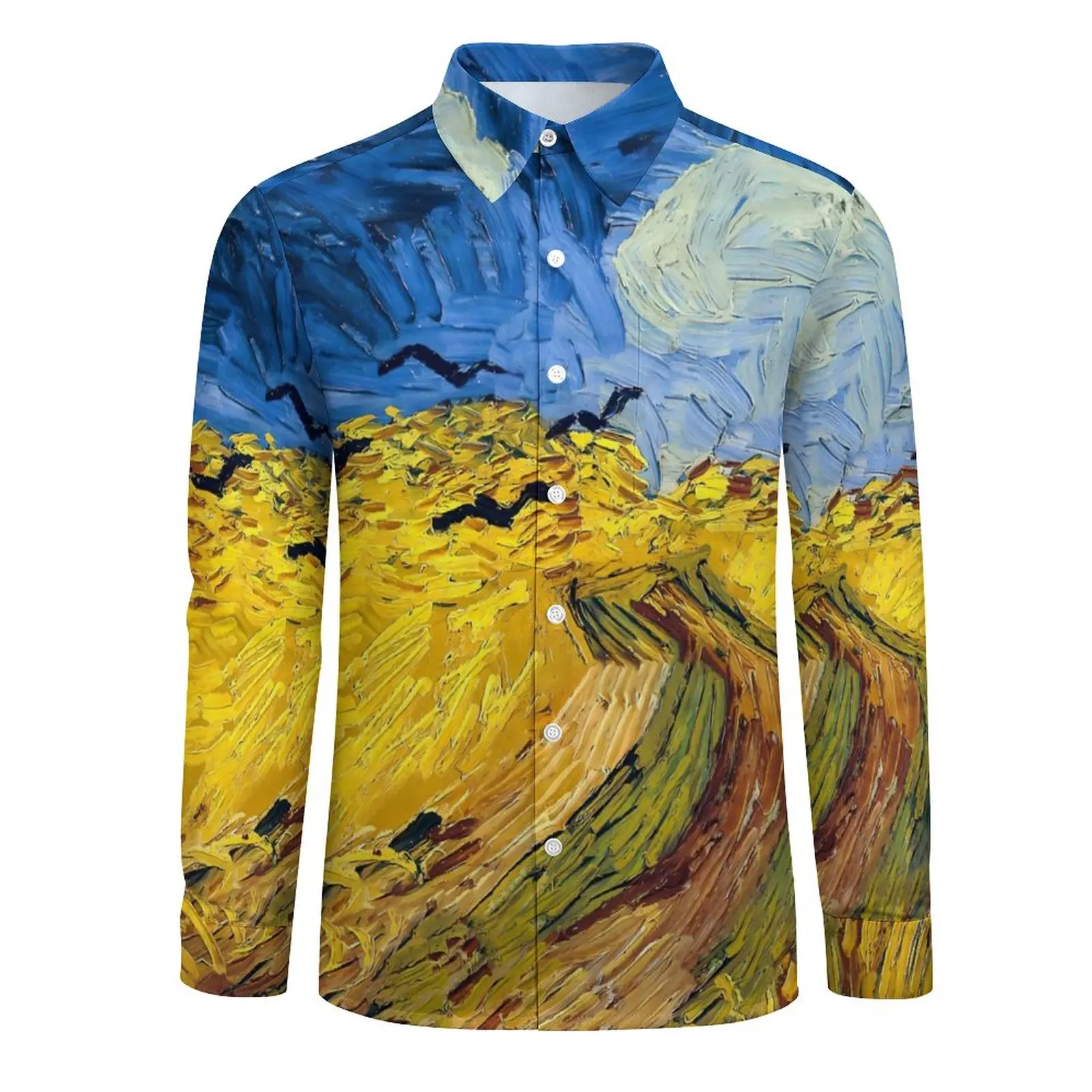 Chemise décontractée à manches longues pour hommes, chemise de terrain de blé avec corbeaux, chemisiers de rue d'automne, cadeau de nouveauté, Vincent Van Gogh