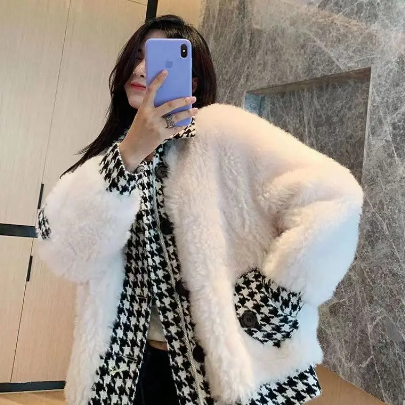 Short Chic Lamb Coat Women 2022 Winter Houndstooth Thick Granular Velvet Fur Overcoat Long Sleeve Jacket Lady warm Clothing Tops