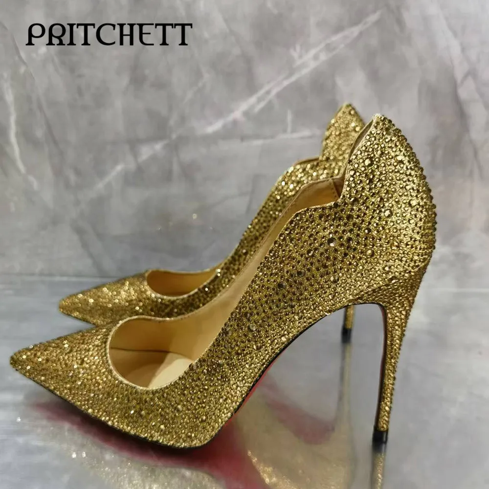 Gold Rhinestone Pointed High Heels Stilettos Red Full Diamond Slip-On High Heels Pumps Fashionable Sexy Large Size Women's Shoes