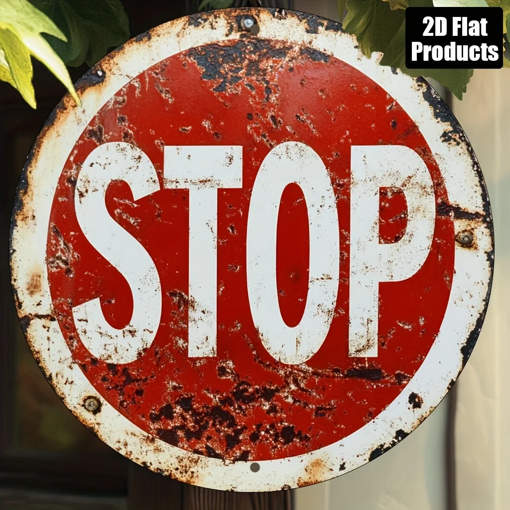 2D Flat, Round Aluminum Sign Wall Art, Vintage STOP Metal Sign Theme, Bar Kitchen Coffee Sign, Suitable for Home Living Room Off