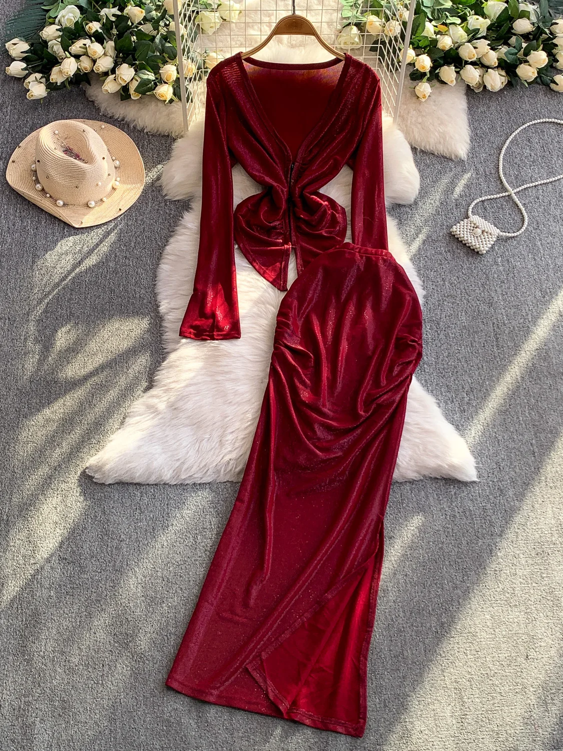 

Ele Mermaid Long Sve V-Ne Платье с высокой талией и разрезом, облегающий комплект из топа и юбки, модная европейская повседневная одежда